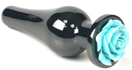 Черная удлиненная анальная пробка с бирюзовой розой - 12,5 см. - Vandersex - купить с доставкой в Новосибирске