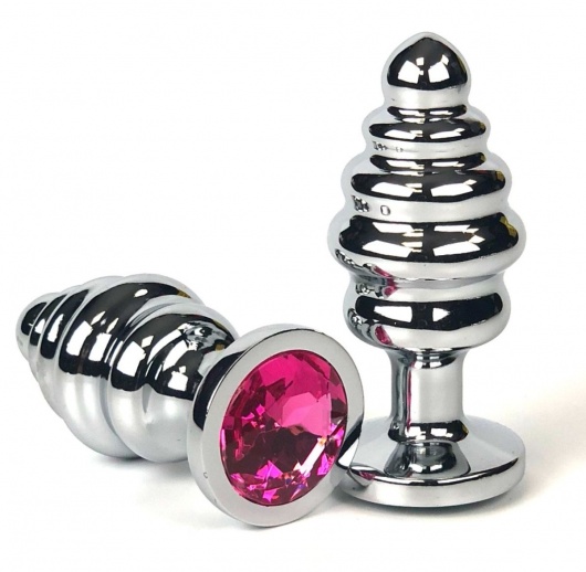 Серебристая ребристая анальная пробка с розовым стразом - 7 см. - Vandersex - купить с доставкой в Новосибирске