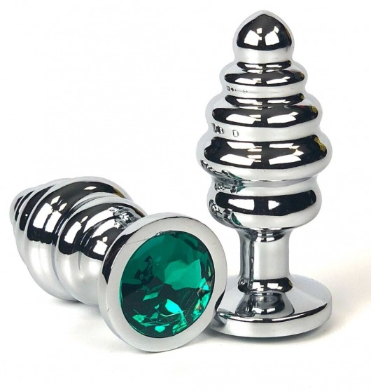 Серебристая ребристая анальная пробка с зеленым кристаллом - 7 см. - Vandersex - купить с доставкой в Новосибирске