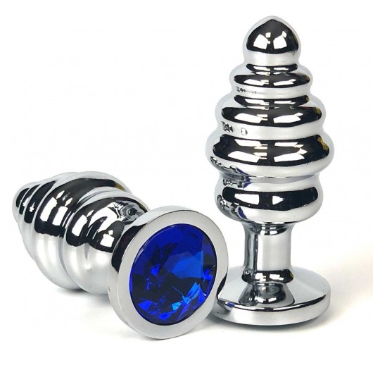 Серебристая ребристая анальная пробка с синим кристаллом - 7 см. - Vandersex - купить с доставкой в Новосибирске