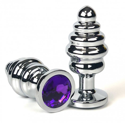 Серебристая ребристая анальная пробка с фиолетовым кристаллом - 8 см. - Vandersex - купить с доставкой в Новосибирске