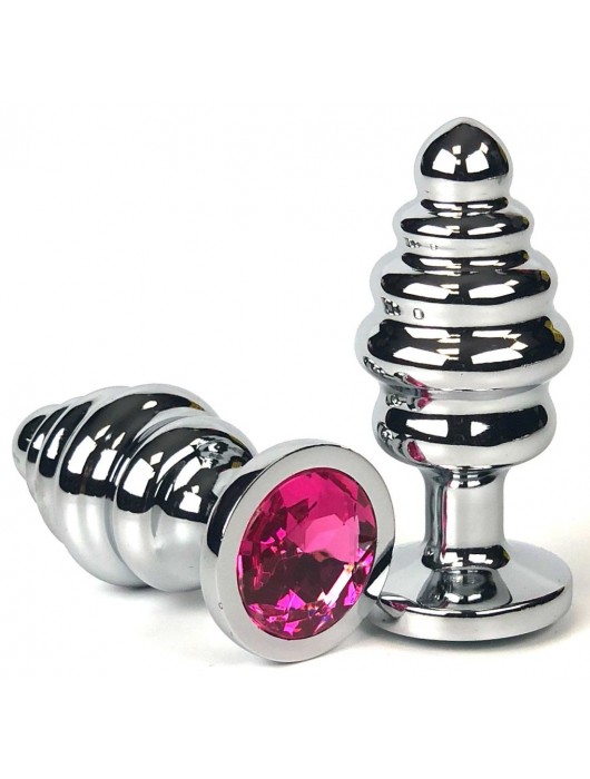 Серебристая ребристая анальная пробка с розовым кристаллом - 8 см. - Vandersex - купить с доставкой в Новосибирске