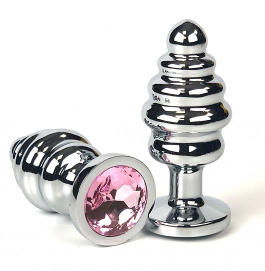 Серебристая ребристая анальная пробка с нежно-розовым кристаллом - 8 см. - Vandersex - купить с доставкой в Новосибирске