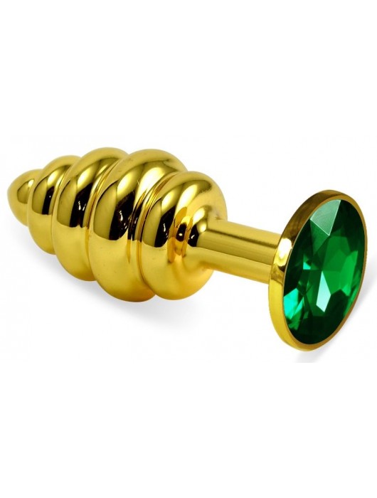 Золотистая ребристая анальная пробка с зеленым кристаллом - 8 см. - Vandersex - купить с доставкой в Новосибирске