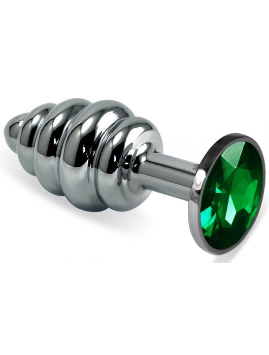 Серебристая ребристая анальная пробка с зеленым стразом - 8 см. - Vandersex - купить с доставкой в Новосибирске