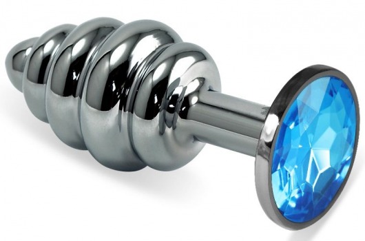 Серебристая  ребристая анальная пробка с голубым кристаллом - 8 см. - Vandersex - купить с доставкой в Новосибирске