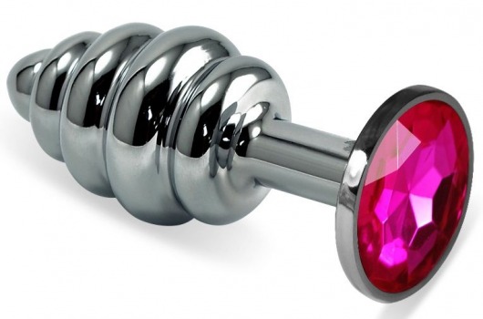 Серебристая  ребристая металлическая анальная пробка с розовым кристаллом - 8 см. - Vandersex - купить с доставкой в Новосибирске