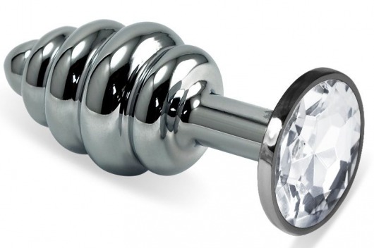 Серебристая ребристая анальная пробка с прозрачным стразом - 8 см. - Vandersex - купить с доставкой в Новосибирске