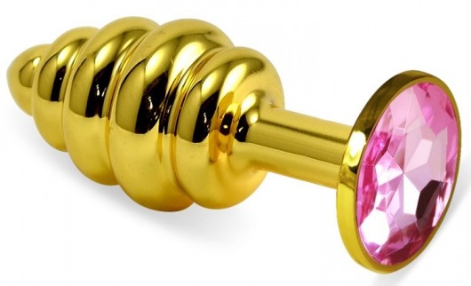 Золотистая ребристая анальная пробка с нежно-розовым кристаллом - 8 см. - Vandersex - купить с доставкой в Новосибирске