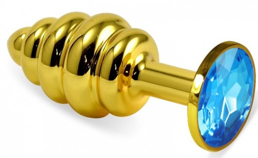 Золотистая ребристая анальная пробка с голубым кристаллом - 8 см. - Vandersex - купить с доставкой в Новосибирске