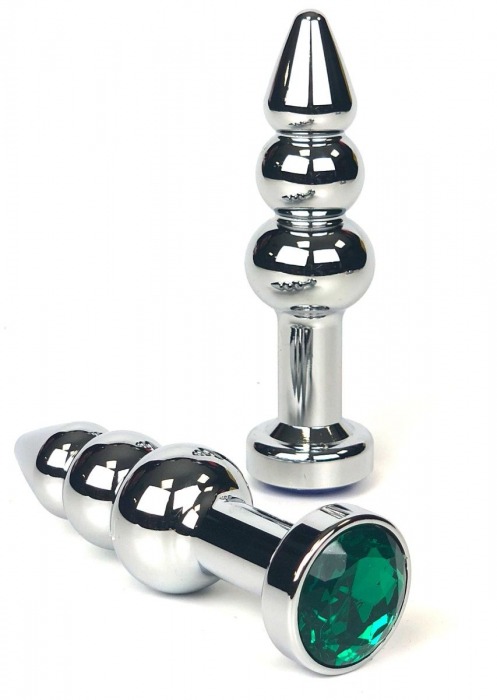 Серебристая коническая анальная пробка-ёлочка с зеленым кристаллом - 11 см. - Vandersex - купить с доставкой в Новосибирске