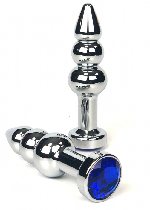 Серебристая коническая анальная пробка-ёлочка с синим кристаллом - 11 см. - Vandersex - купить с доставкой в Новосибирске