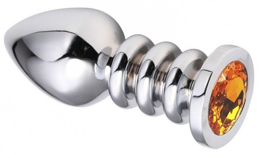 Серебристая анальная пробка на рельефной ножке с оранжевым кристаллом - 9 см. - Vandersex - купить с доставкой в Новосибирске