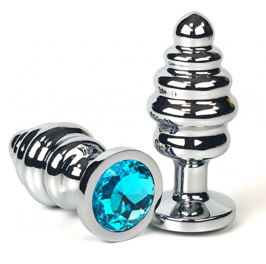 Серебристая ребристая анальная пробка с голубым кристаллом - 7 см. - Vandersex - купить с доставкой в Новосибирске