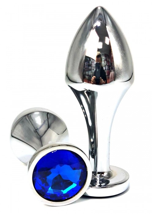 Серебристая анальная пробка на удлиненной ножке с синим кристаллом  - 9 см. - Vandersex - купить с доставкой в Новосибирске