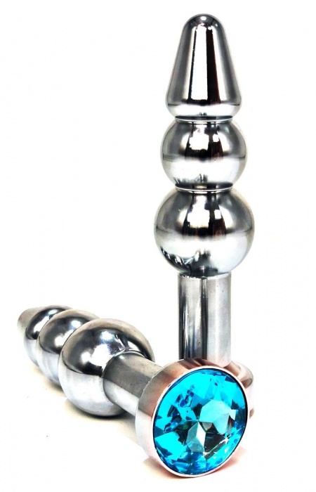 Серебристая коническая анальная пробка-ёлочка с голубым кристаллом - 11 см. - Vandersex - купить с доставкой в Новосибирске