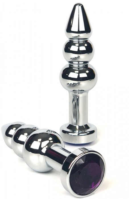 Серебристая коническая анальная пробка-ёлочка с фиолетовым кристаллом - 11 см. - Vandersex - купить с доставкой в Новосибирске