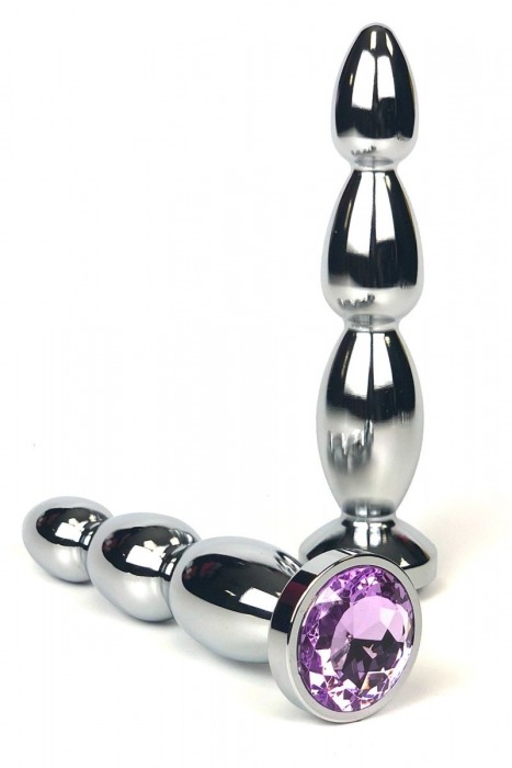 Серебристая удлиненная анальная пробка-ёлочка с сиреневым кристаллом - 12 см. - Vandersex - купить с доставкой в Новосибирске