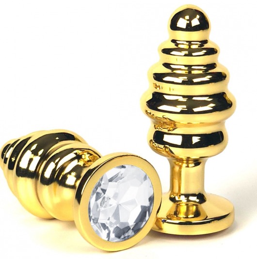 Золотистая ребристая анальная пробка с прозрачным кристаллом - 6 см. - Vandersex - купить с доставкой в Новосибирске