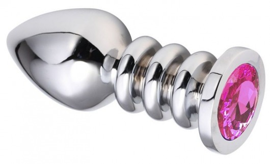 Серебристая анальная пробка на рельефной ножке с розовым кристаллом - 9 см. - Vandersex - купить с доставкой в Новосибирске