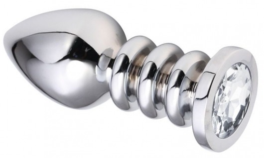 Серебристая анальная пробка на рельефной ножке с прозрачным кристаллом - 9 см. - Vandersex - купить с доставкой в Новосибирске