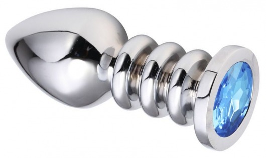 Серебристая анальная пробка на рельефной ножке с голубым кристаллом - 9 см. - Vandersex - купить с доставкой в Новосибирске