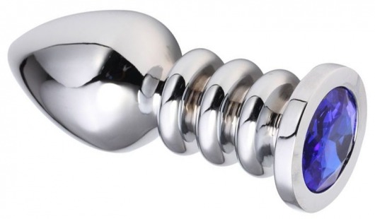 Серебристая анальная пробка на рельефной ножке с синим кристаллом - 9 см. - Vandersex - купить с доставкой в Новосибирске