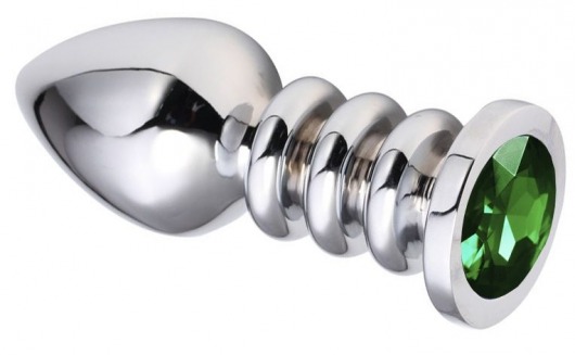Серебристая анальная пробка на рельефной ножке с зеленым кристаллом - 9 см. - Vandersex - купить с доставкой в Новосибирске