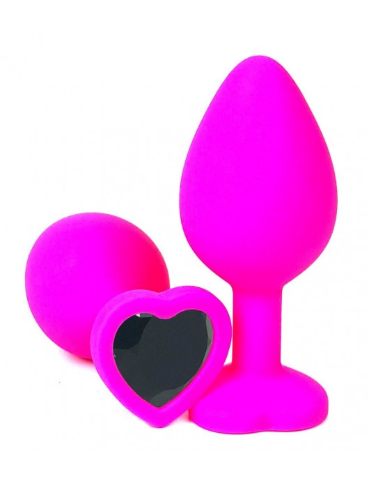 Розовая силиконовая пробка с черным кристаллом-сердцем - 8,5 см. - Vandersex - купить с доставкой в Новосибирске