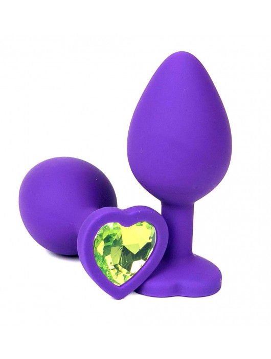 Фиолетовая силиконовая анальная пробка с лаймовым стразом-сердцем - 8 см. - Vandersex - купить с доставкой в Новосибирске