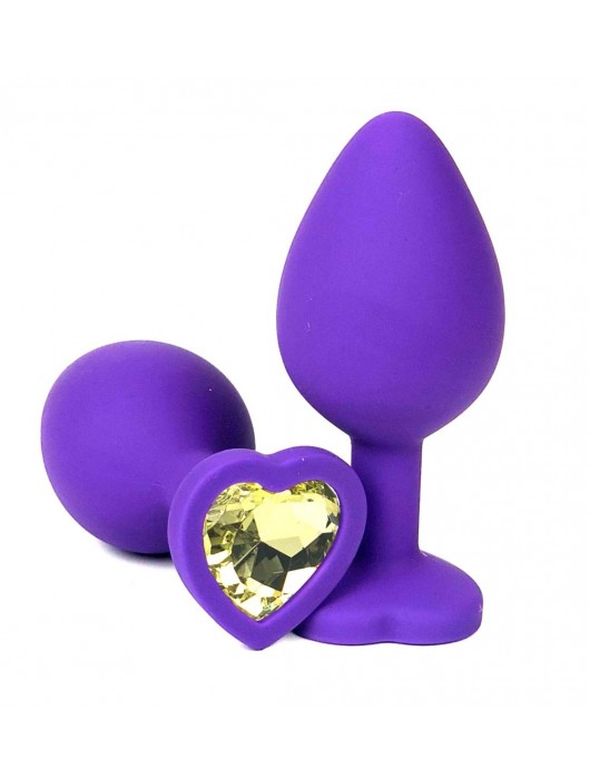 Фиолетовая силиконовая анальная пробка с желтым стразом-сердцем - 10,5 см. - Vandersex - купить с доставкой в Новосибирске