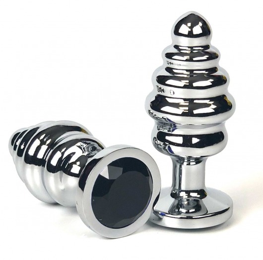 Серебристая ребристая анальная пробка с черным кристаллом - 6 см. - Vandersex - купить с доставкой в Новосибирске