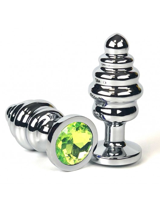 Серебристая ребристая анальная пробка с лаймовым кристаллом - 6 см. - Vandersex - купить с доставкой в Новосибирске