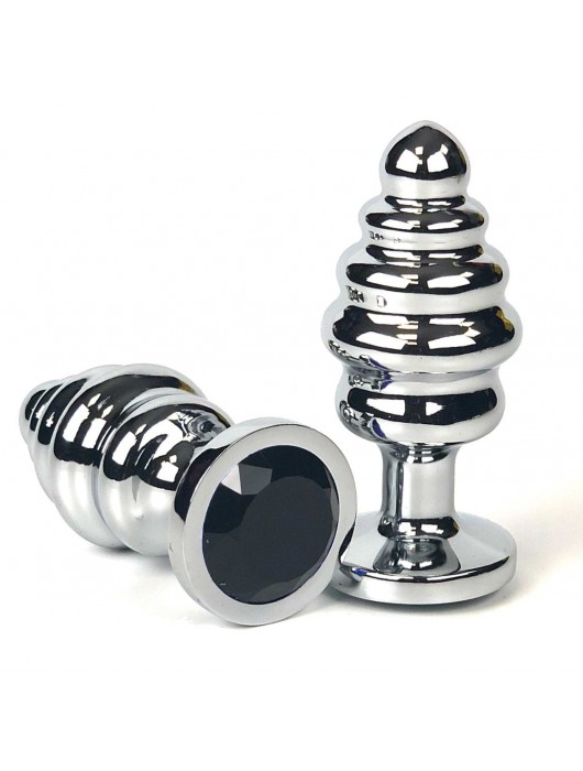 Серебристая ребристая анальная пробка с черным кристаллом - 7 см. - Vandersex - купить с доставкой в Новосибирске