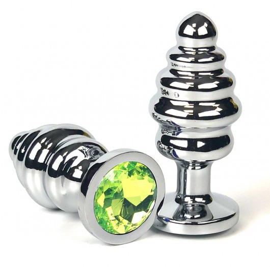 Серебристая ребристая анальная пробка с лаймовым кристаллом - 7 см. - Vandersex - купить с доставкой в Новосибирске