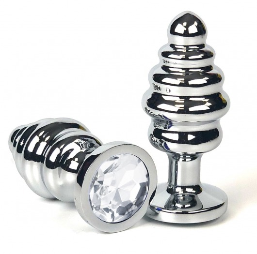 Серебристая ребристая анальная пробка с прозрачным кристаллом - 8 см. - Vandersex - купить с доставкой в Новосибирске