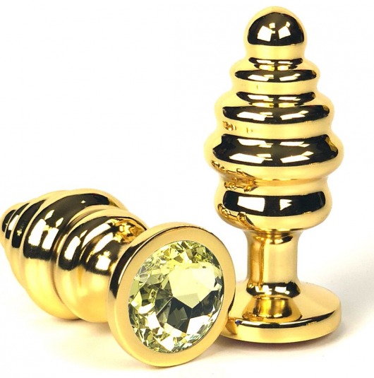 Золотистая ребристая анальная пробка с желтым кристаллом - 7 см. - Vandersex - купить с доставкой в Новосибирске