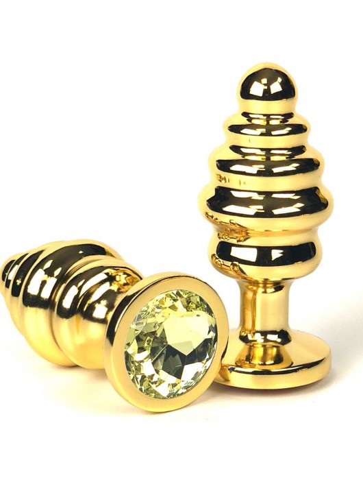 Золотистая ребристая анальная пробка с желтым кристаллом - 8,5 см. - Vandersex - купить с доставкой в Новосибирске