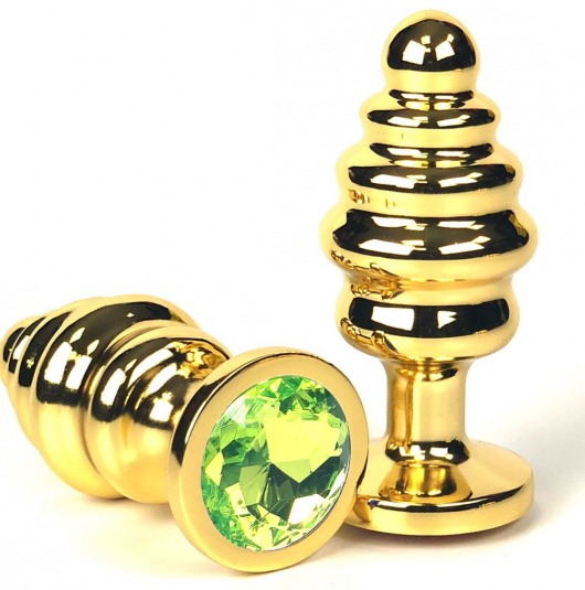 Золотистая ребристая анальная пробка с лаймовым кристаллом - 8,5 см. - Vandersex - купить с доставкой в Новосибирске