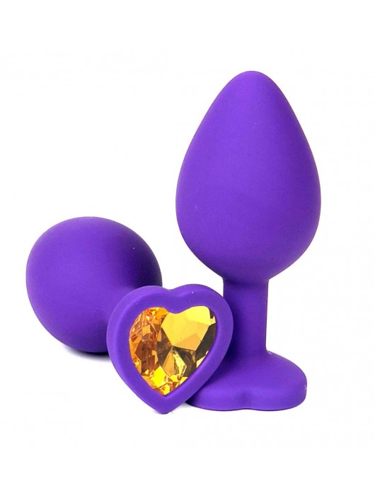 Фиолетовая силиконовая анальная пробка с оранжевым стразом-сердцем - 8 см. - Vandersex - купить с доставкой в Новосибирске