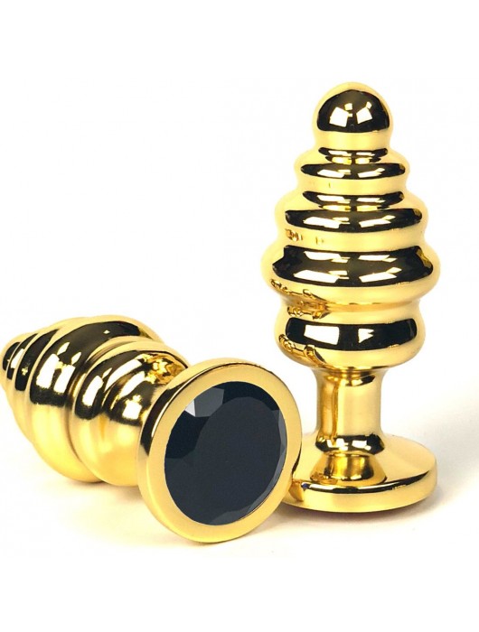 Золотистая ребристая анальная пробка с черным кристаллом - 6 см. - Vandersex - купить с доставкой в Новосибирске