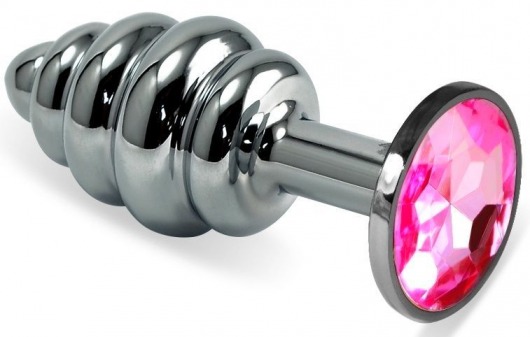 Серебристая ребристая анальная пробка с малиновым кристаллом - 8 см. - Vandersex - купить с доставкой в Новосибирске
