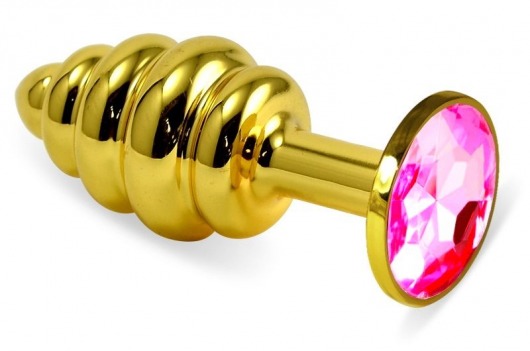 Золотистая ребристая анальная пробка с малиновым кристаллом - 8 см. - Vandersex - купить с доставкой в Новосибирске