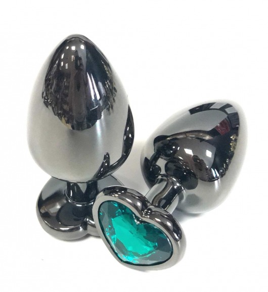 Черная металлическая анальная пробка с зеленым стразом-сердечком - 9 см. - Vandersex - купить с доставкой в Новосибирске