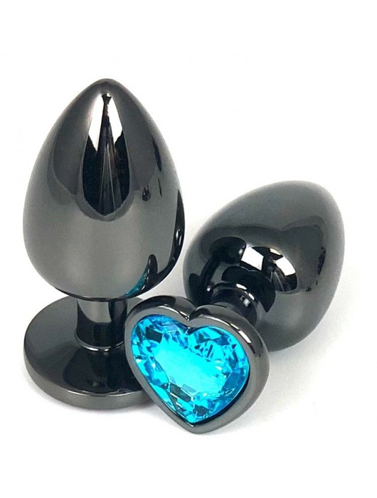 Черная металлическая анальная пробка с голубым стразом-сердечком - 7,5 см. - Vandersex - купить с доставкой в Новосибирске