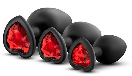 Набор черных анальных пробок с красным кристаллом-сердечком Bling Plugs Training Kit - Blush Novelties - купить с доставкой в Новосибирске