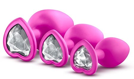 Набор розовых анальных пробок с прозрачным кристаллом-сердечком Bling Plugs Training Kit - Blush Novelties - купить с доставкой в Новосибирске