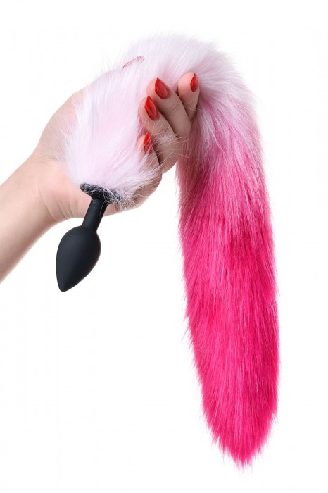 Черная анальная втулка с бело-розовым хвостиком - размер S - POPO Pleasure