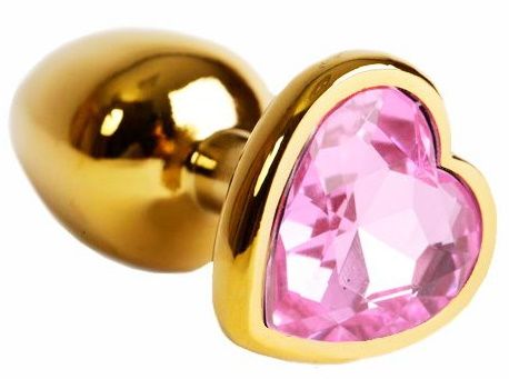 Золотистая анальная пробка с нежно-розовым кристаллом в форме сердца - 6 см. - Kanikule - купить с доставкой в Новосибирске