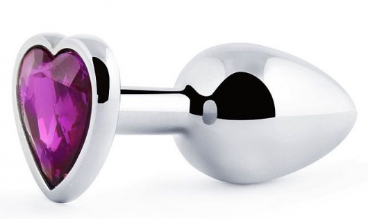 Серебристая анальная пробка с фиолетовым кристаллом-сердечком - 8 см. - Anal Jewelry Plug - купить с доставкой в Новосибирске